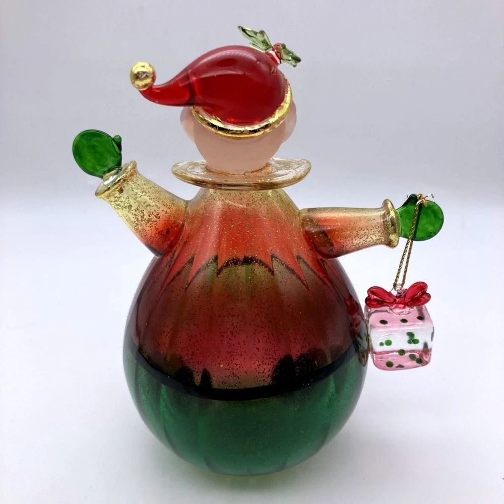 Vintage 1990's Hand Blown Glass Santa Figurine Pear Shaped Waving With Gift Fun